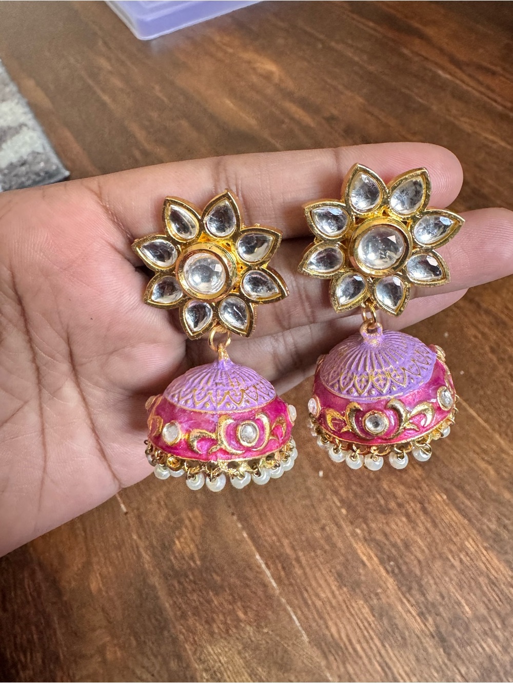 Handcrafted Pink and Purple Floral Jhumka Earrings - Gold Tone